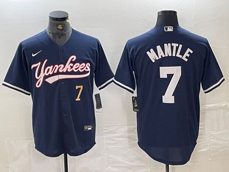 Men New York Yankees 7 Mantle Dark blue Second generation joint name Nike 2024 MLB Jersey style 2
